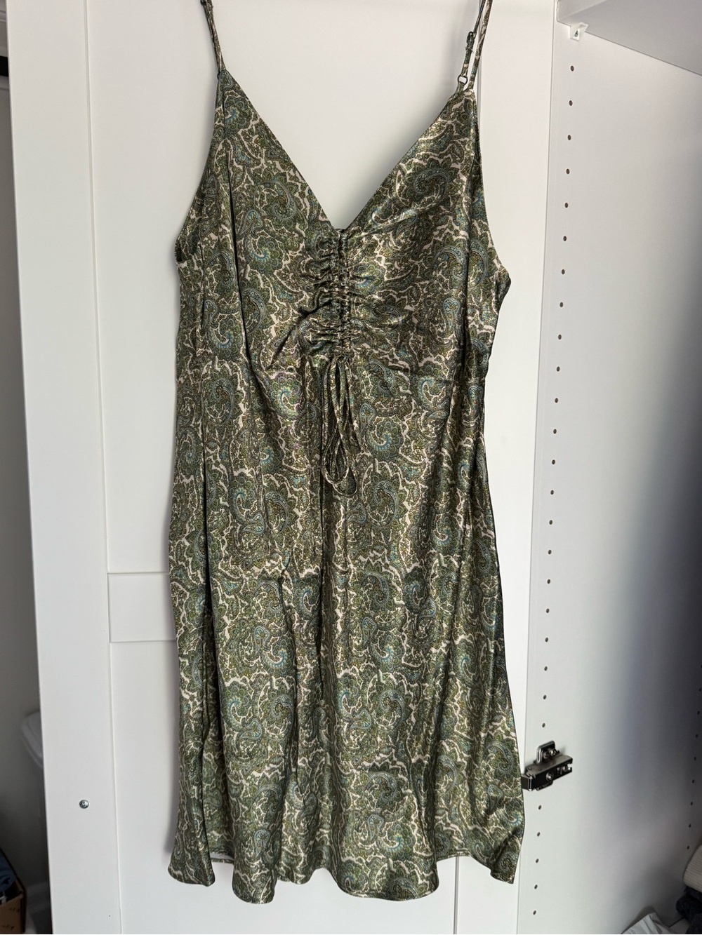 Zara Olive Satin V-Neck Mini Dress with Cinched Bust